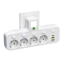 EU-stekkerdoos met 4 stopcontacten en USB Type-C-poorten voor gebruik in Indonesië, Duitsland, Frankrijk, Spanje en Italië.