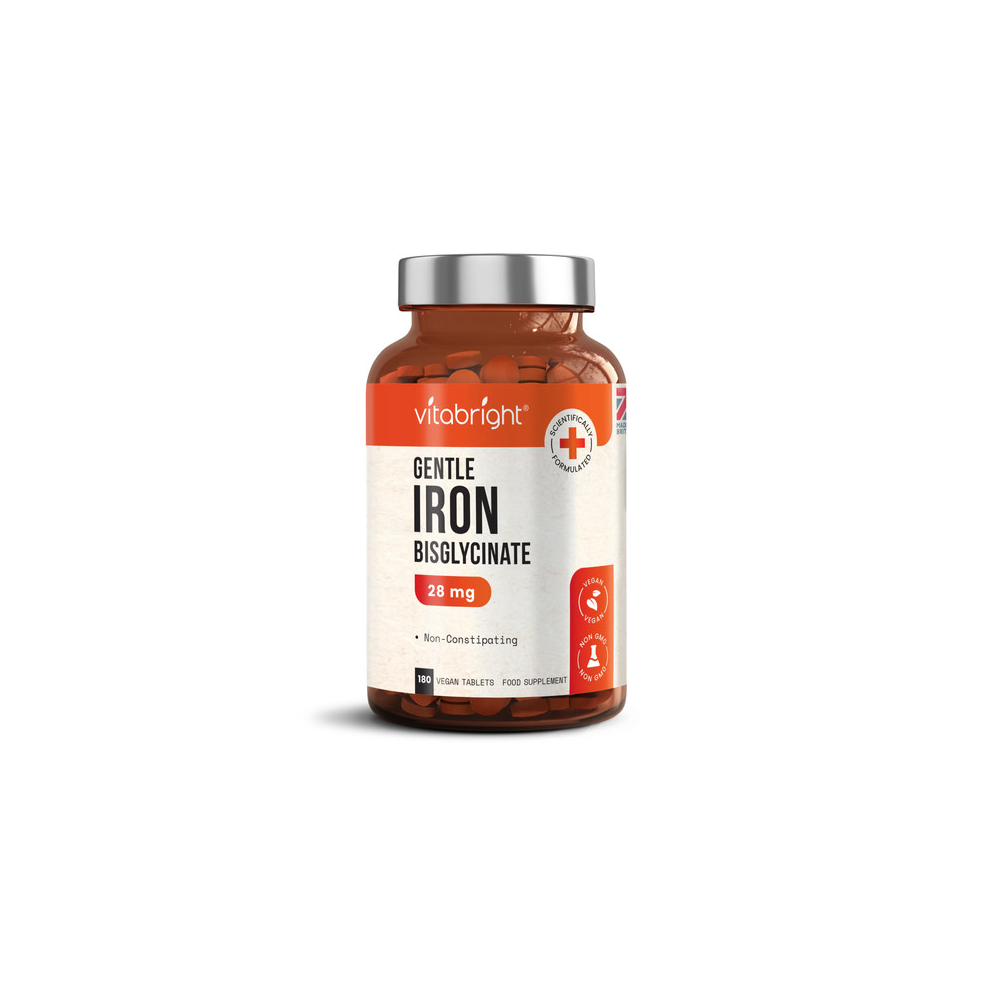 Vitabright Iron Tablets High Strength, 28Mg - Gentle Iron Bisglycinate - 180 Vegan Tablets
