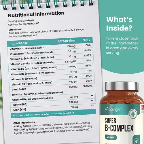 Vitamin B Complex - B1 B2 B3 B5 B6 B7 B9 B12 + Vit C - 120 Tablets 2