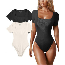 Bodys de dos piezas para mujer, bodys sexys de canalé, de una pieza con cuello cuadrado y manga corta, talla grande.