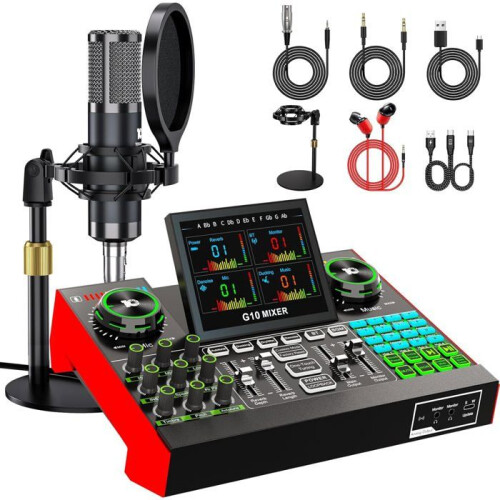 Microfono per podcast - RUSSBOY - G10 - Microfono a condensatore 3,5 mm - Mixer audio - Bluetooth/USB