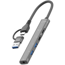 Type-C / USB-A 5-in-1 USB-hub Type-C Opladen + Type-C Data + 2xUSB + 3,5 mm headset-aansluitingadapter