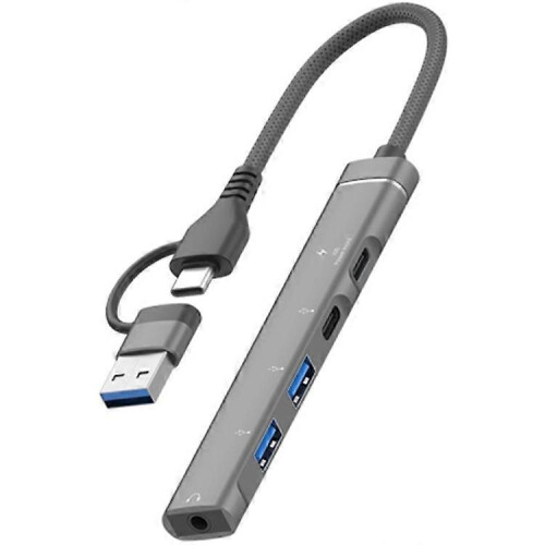 Type-C / USB-A 5-in-1 USB-hub Type-C Opladen + Type-C Data + 2xUSB + 3,5 mm headset-aansluitingadapter