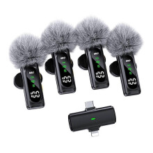 T90 4-in-1 Wireless Lavalier Microphone Kit OLED Display ANC Noise Cancelling 20m Range Lavalier Mic (4 Microphones+1 R
