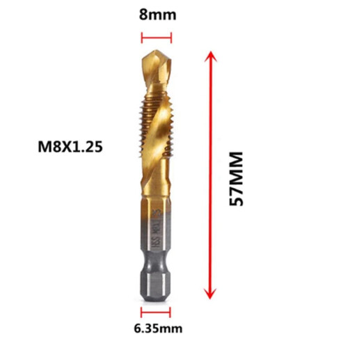 3pcs M8x1.25 Hex Shank Titanium Plated HSS Screw Thread Metric Tap Drill Bits Screw Compound Tap Open Chamfer Tool 2