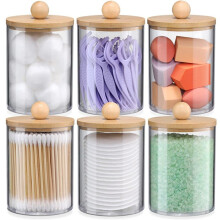 6 Pack Holder Dispenser Set with Bamboo Lids, Bathroom Canister Accessories, Storage Organizer, Clear