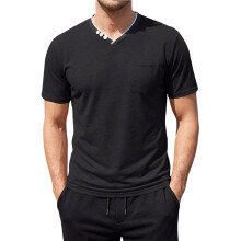 Herren Kurzarm-T-Shirt, Lässiges V-Ausschnitt-Shirt, Sommer-Strand-Top mit Tasche Schwarz S