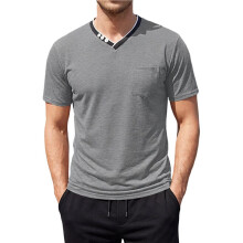 Herren Kurzarm-T-Shirt, Lässiges V-Ausschnitt-Shirt, Sommer-Strand-Top mit Tasche Grau S