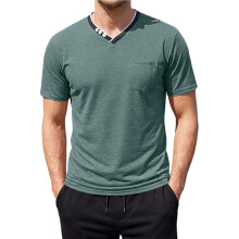Herren Kurzarm-T-Shirt, Lässiges V-Ausschnitt-Shirt, Sommer-Strand-Top mit Tasche Dunkelgrün S