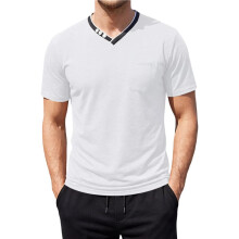 Herren Kurzarm-T-Shirt, Lässiges V-Ausschnitt-Shirt, Sommer-Strand-Top mit Tasche Weiß L