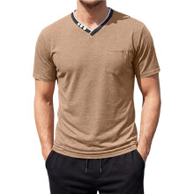 Herren Kurzarm-T-Shirt, Lässiges V-Ausschnitt-Shirt, Sommer-Strand-Top mit Tasche Khaki L