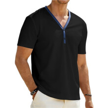 Herren Lässige V-Ausschnitt Hemden Klassische Knopf Kurzarm T-Shirt Sommer Basis Leichte T-Shirts Tops Schwarz XXXL