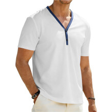Herren Lässige V-Ausschnitt Hemden Klassische Knopf Kurzarm T-Shirt Sommer Basis Leichte T-Shirts Tops Weiß XXL