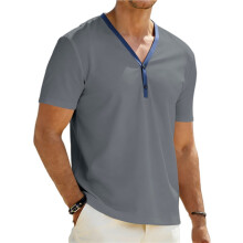Herren Lässige V-Ausschnitt Hemden Klassische Knopf Kurzarm T-Shirt Sommer Basis Leichte T-Shirts Tops Eisen Grau XL