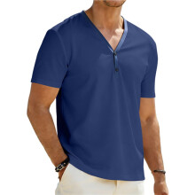 Herren Lässige V-Ausschnitt Hemden Klassische Knopf Kurzarm T-Shirt Sommer Basis Leichte T-Shirts Tops Denim Blau XL
