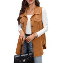 Womens Lapel Dual Pocket Button Front Mid-Length Corduroy Sleeveless Vest Brown XL