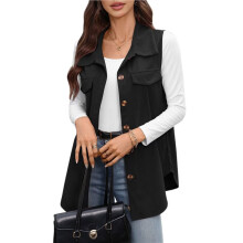 Womens Lapel Dual Pocket Button Front Mid-Length Corduroy Sleeveless Vest Black XL