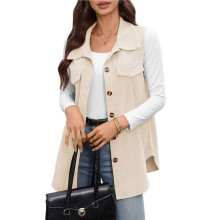 Dames Kraag Dubbele Zak Knoop Voorkant Mid-Lengte Corduroy Mouwloze Vest Abrikooskleur XL