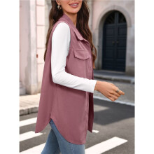 Womens Lapel Dual Pocket Button Front Mid-Length Corduroy Sleeveless Vest Gray- XL