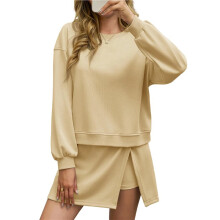 2-Delige Sets voor Dames Workout Sets Sweatshirt Top Hoge Taille Gevoerd Gespleten Sportrok Set Kaki M