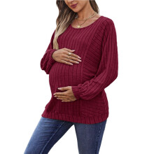 Women Maternity Solid Vertical Rib Patchwork Crew Neck Lantern Long Sleeve Oversized Pregnancy Top Wine Red 4XL