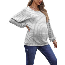 Women Maternity Solid Vertical Rib Patchwork Crew Neck Lantern Long Sleeve Oversized Pregnancy Top Gray 4XL