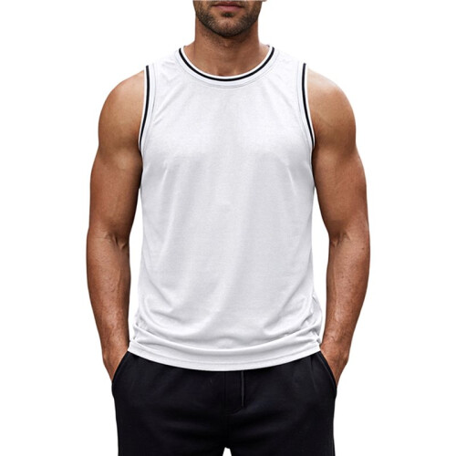 Men'S Contrast Striped Binding Sleeveless Athletic Tank Top White M