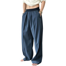 Herren Elastische Taille Gefaltete Gerade Geschnittene Capri-Hosen Marineblau L