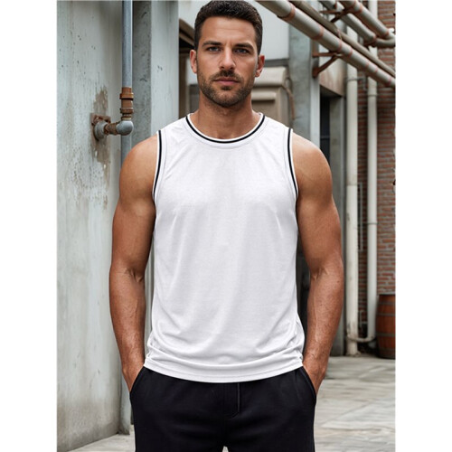 Men'S Contrast Striped Binding Sleeveless Athletic Tank Top White M 1