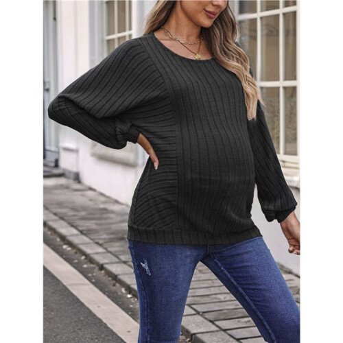 Women Maternity Solid Vertical Rib Patchwork Crew Neck Lantern Long Sleeve Oversized Pregnancy Top Black 4XL 1