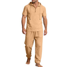 Herren Kapuzen-Halbknopf Kurzarm-Oberteil & Kordelzug-Hosen 2-Teiliger Anzug Beige L