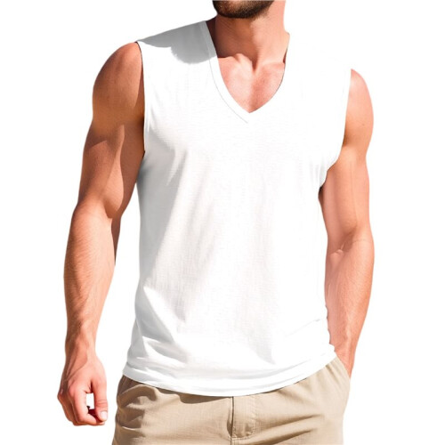 Men'S V Neck Sleeveless Solid Casual Tank Top White S