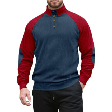 Herren Corduroy Mock Neck Sweatshirt Lässiger Viertelknopf Langarm Pullover mit Ellbogenpatches Marineblau XXXL