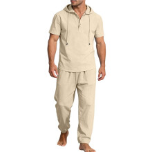 Herren Kapuzen-Halbknopf Kurzarm-Oberteil & Kordelzug-Hosen 2-Teiliger Anzug Khaki S