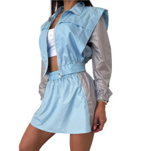 Dames 2-Delige Trainingspak Kleurblok Lange Mouw Ritsjack en Rok Set Casual Sportkleding Lichtblauw M