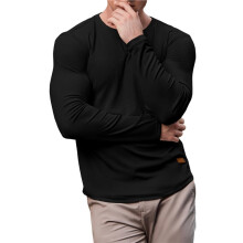 Herren Slim-Fit Langarm-T-Shirt mit Gespaltenem V-Ausschnitt und Rippstruktur Schwarz M