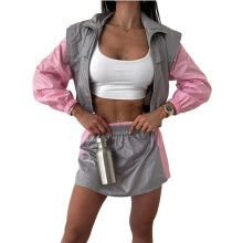 Dames 2-Delige Trainingspak Kleurblok Lange Mouw Ritsjack en Rok Set Casual Sportkleding Grijs M