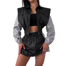Dames 2-Delige Trainingspak Kleurblok Lange Mouw Ritsjack en Rok Set Casual Sportkleding Zwart S