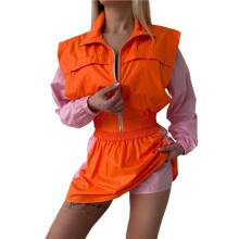 Dames 2-Delige Trainingspak Kleurblok Lange Mouw Ritsjack en Rok Set Casual Sportkleding Oranje & Roze M