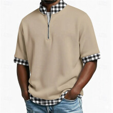 Men'S Quarter Zip Plaid Trim Short Sleeve Shirt Brown M