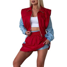 Dames 2-Delige Trainingspak Kleurblok Lange Mouw Ritsjack en Rok Set Casual Sportkleding Rood XL