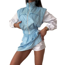 Dames 2-Delige Trainingspak Kleurblok Lange Mouw Ritsjack en Rok Set Casual Sportkleding Blauw & Wit S