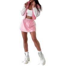 Dames 2-Delige Trainingspak Kleurblok Lange Mouw Ritsjack en Rok Set Casual Sportkleding Roze & Wit S