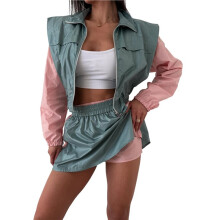 Dames 2-Delige Trainingspak Kleurblok Lange Mouw Ritsjack en Rok Set Casual Sportkleding Roze & Groen S