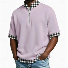 Men'S Quarter Zip Plaid Trim Short Sleeve Shirt Light XL
