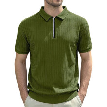 Men'S Lapel Quarter Zip Vertical Striped Short Sleeve Shirt Army Green XXL