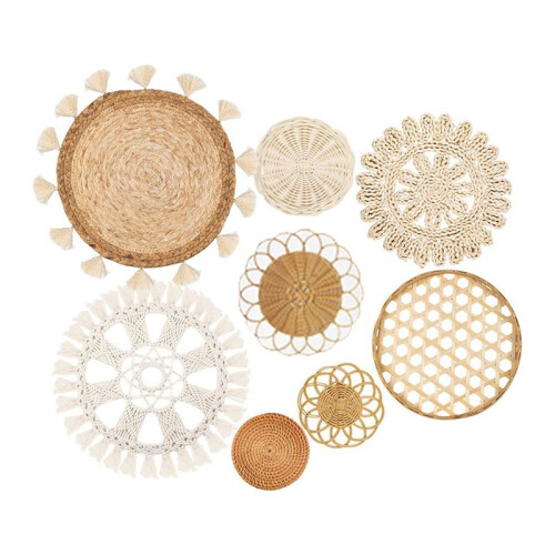Boho Wall Basket Decor ,Flat Woven Basket Wall Hanging Decor,Round Tassels White Macrame  Wall Decor Art 8pack