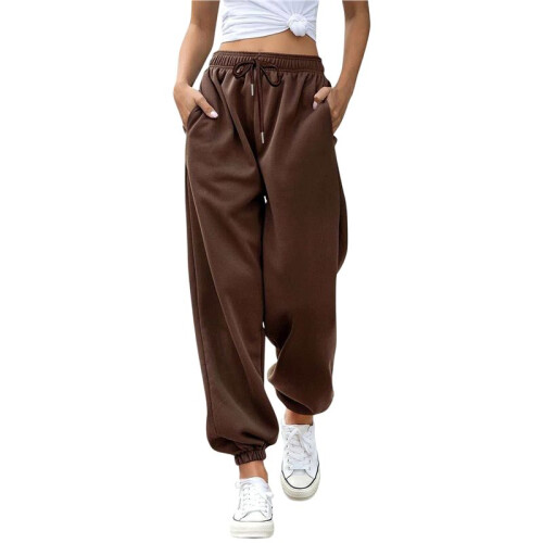 Womens Elastic Drawstring Cuffed Loose Casual Sweatpants Brown S