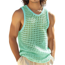Men'S Crew Neck Hollow Mesh Breathable Sleeveless Knit Tank Top Light Green XXL