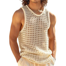 Men'S Crew Neck Hollow Mesh Breathable Sleeveless Knit Tank Top Apricot Color XXL
